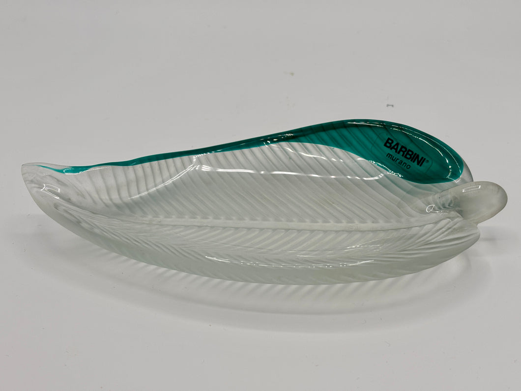 Alfredo Barbini Murano Glazen Blad Kom, Gesigneerd, 20 cm, Aqua Teal, Italië
